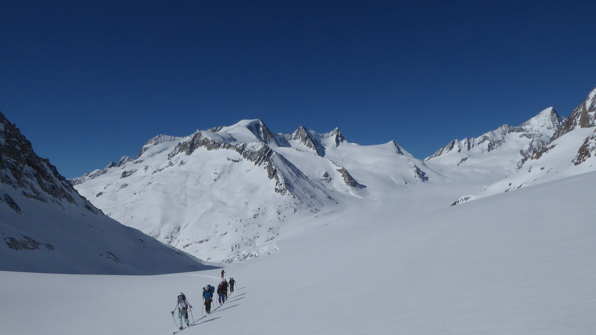 File de skieurs de randonnée sur un glacier entouré de sommets