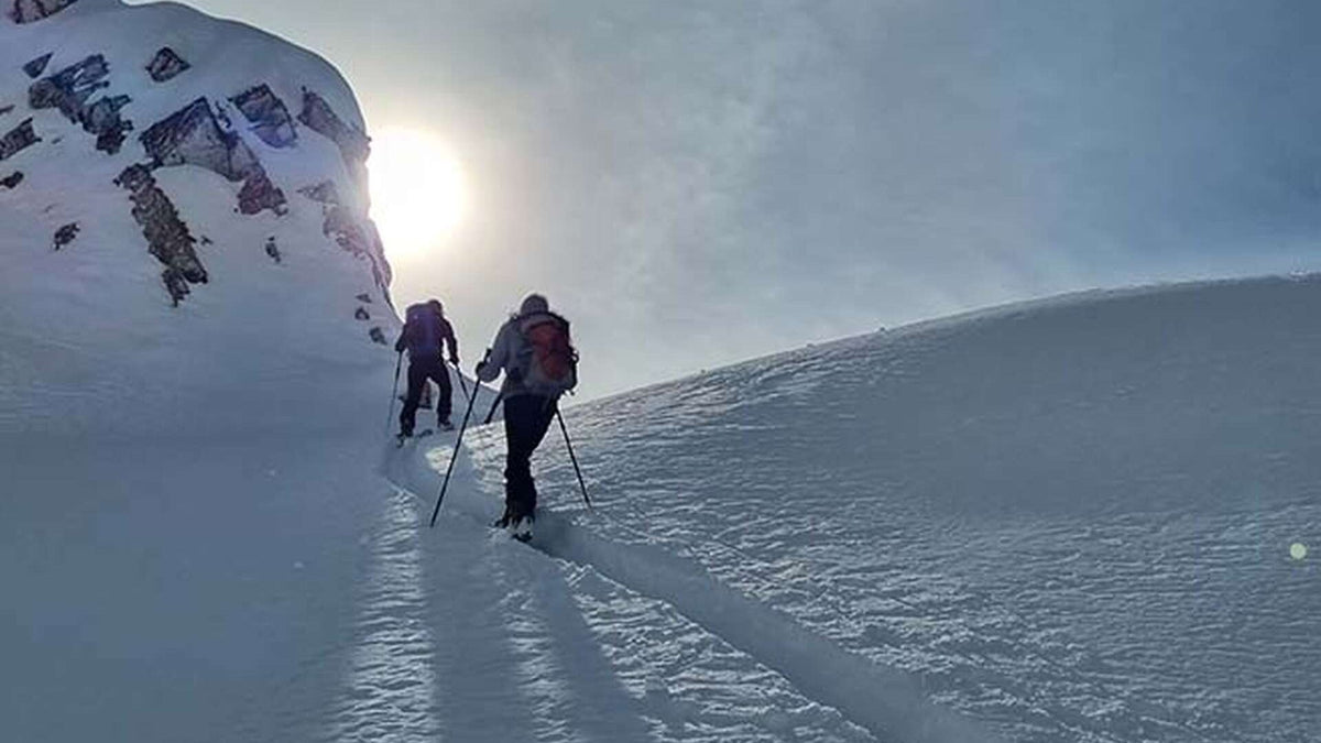 Cordée de skieurs de randonnée à contre-jour sur une trace de montée