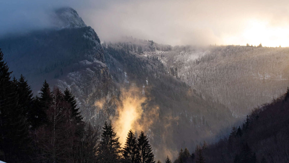 Coucher de soleil sur les falaises et la forêt des Écouges dans le Vercors
